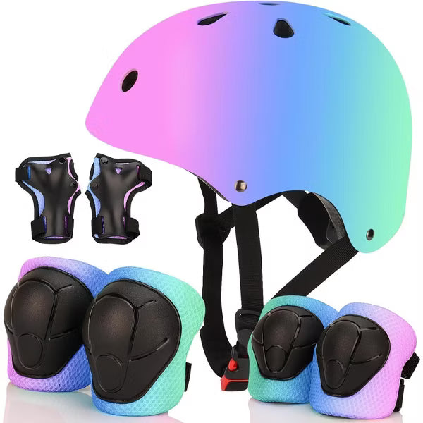 Evita Color Gradient Adjustable Bike Helmet with Knee and Elbow Pads - Kids for Ages 3-14, Pink purple blue, S