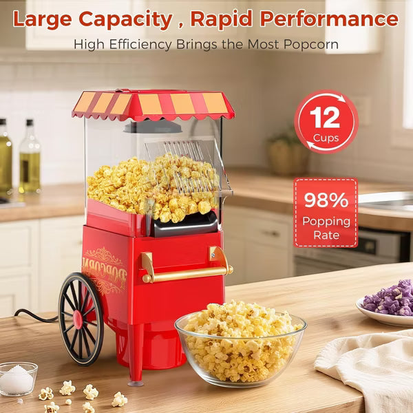 OSTBA 1200W Air Popcorn Maker, 12-Cup Oil-Free Hot Air Popper with Retro Design, Butter Tray & One-Button Control for Home & Party Use