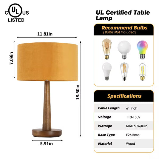 18.5" Walnut Tapered Wood Table Lamp with Orange Velvet Drum Shade for Bedside, Living Room, Reading Corner, Caf¨¦, Guest Lounge, or Hotel Room