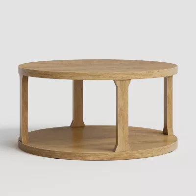 WOWLIVE Round Coffee Table with Storage Shelf for Living Room, Light Oak