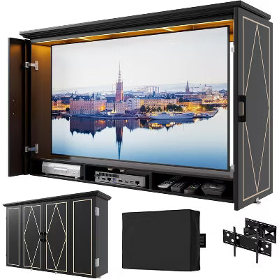 PAKASEPT Outdoor TV Enclosure, 55" Solid Wood Weatherproof TV Cover with Premium Dual-Arm Mount, Fold Door and Lights, (Fits Max 58")