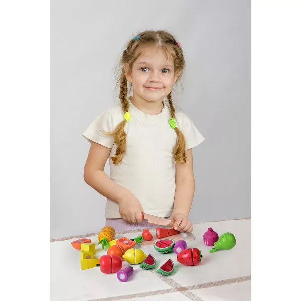 Fun Little Toys 35 PCS Wooden Cutting Food Set, Pretend Play Kitchen Accessories for Kids