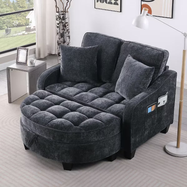 Modern Corduroy Convertible Sofa Bed with Storage Ottoman, Urban Studio Sleeper Couch - Charcoal Gray