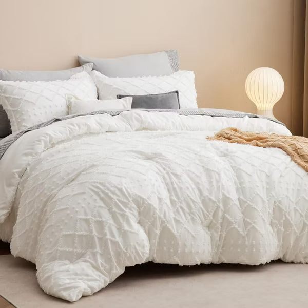 3Pcs Comforter Bedding Set with Intricate Solid Embroidery Boho Tufted Shabby Chic Bedding