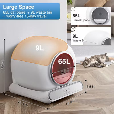 Self-Cleaning Automatic Cat Litter Box with Lid & Enclosure, XL 65L+9L for Multiple Cats, Smart APP Control, Low-Odor Liners, Quiet & Safe for Home