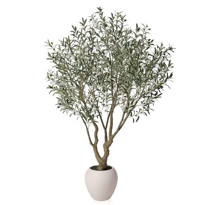 DR.Planzen Lifelike 6ft Artificial Olive Tree with Dual Trunk Design, White Round Planter Faux Olive Tree for Indoor Outdoor Home Decor