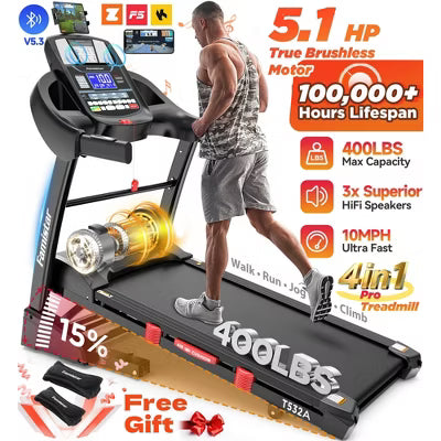 5.1HP Folding Treadmill for Home with 15% Auto Incline,300-400 LB Capacity,Adjustable iPad Holder, 10MPH Speed, 71 Programs,Knee Straps Gift