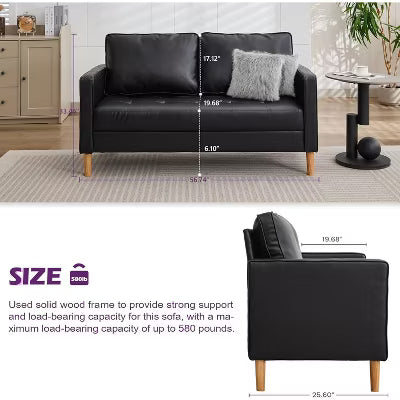 TYBOATLE 57" Small Black Faux Leather Sofa Couches for Living Room, Comfy Loveseat, 2 Seater Office Couch for Small Bedroom Drom Apartment