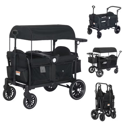 Kinder King 2-Seat Wagon Stroller, All-Terrain Foldable Stroller Wagon for Toddlers with Canopy, Snack Tray & Push/Pull Bar