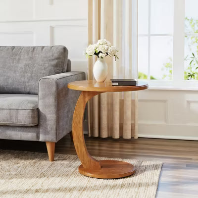 Resenkos Sofa Side End Table, End Table, Couch Table,C-Shaped End Table, Round Solid Wood Side Table for Living Room,Brown
