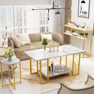 Hooseng Living Room Table Set of 3, Faux Marble Coffee Table & Side Table & Console Table with Storage Shelves & Metal Frame for Living Room, Office