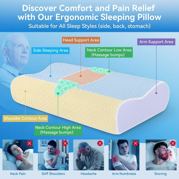 Zibroges Bed Pillow for Neck Pain Relief, Memory Foam Neck Pillow, Contour Cooling Pillow for Side Sleeper, AdjOrthopedic Sandwich Pillow