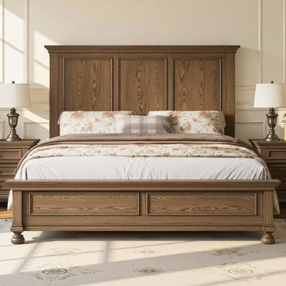 AMERLIFE Platform Bed Frame, Solid Wood with 65.2" Headboard, Heavy-Duty Slats, No Box Spring Required, Easy to Assemble