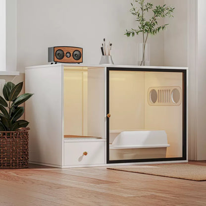 ATJafurn 37.4''Cat Litter Box Enclosure Furniture Style White Cat Cabinet Side Table with Storage Space For Living Room