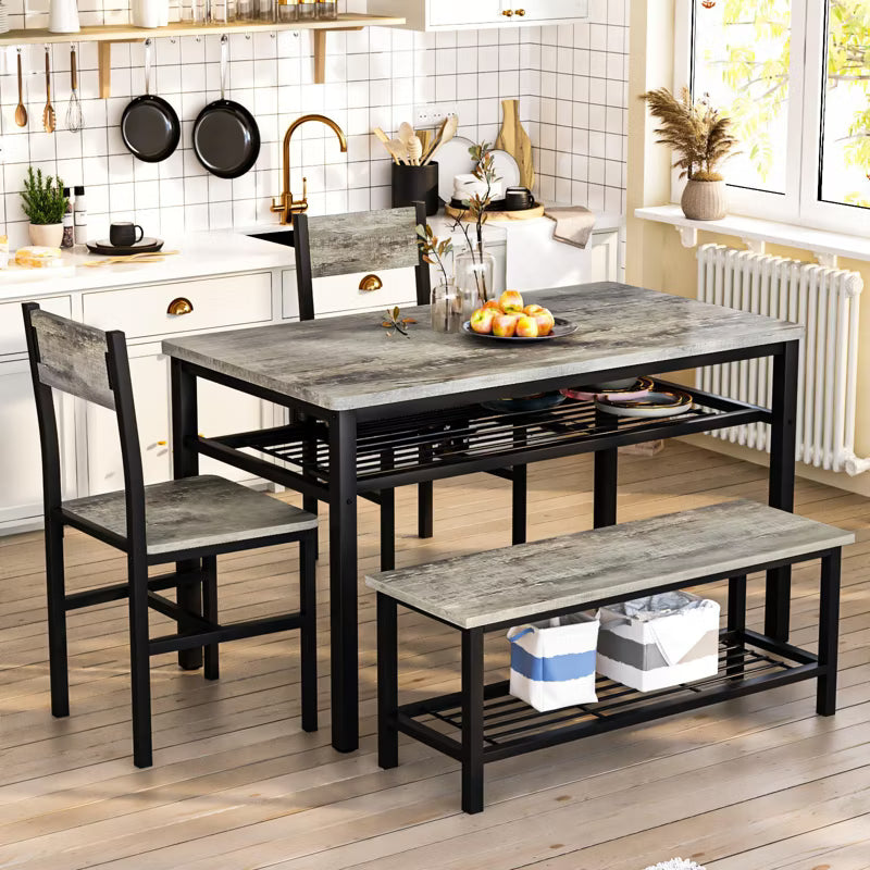Hooseng 4 Pieces Dining Room Table Set with 2 Chairs and 1 Bench, 4-Person Dining Table Set with MDF Table Top, Metal Frame, and Storage Racks