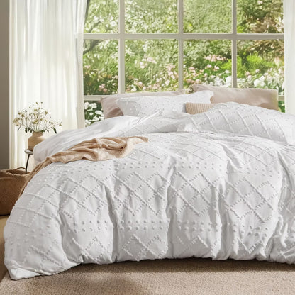 Duvet Cover Set Solid Embroidery 3Pcs King Size White - Bedsure