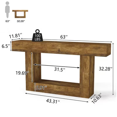 CIPACHO Vintage Brown 63 Inch Farmhouse Console Table 2-Tier U-Base Wood Sofa Table for Entryway