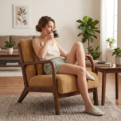Nordhavn Corduroy Accent Chair with Solid Wood Frame & Lumbar Pillow, Retro Lounge Armchair for Living Room, Mustard Gold