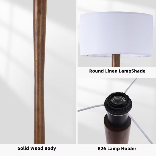 61" Modern Walnut Wood Column Floor Lamp with White Linen Drum Shade for Living Room, Bedroom, Office, Study, Hallway & Entryway