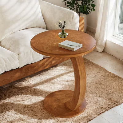 Resenkos Sofa Side End Table, End Table, Couch Table,C-Shaped End Table, Round Solid Wood Side Table for Living Room,Brown