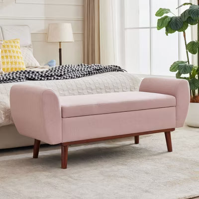 Hyleory Linen Upholstered Storage Bench with Solid Wood Legs for Bedroom Living Room or Entryway