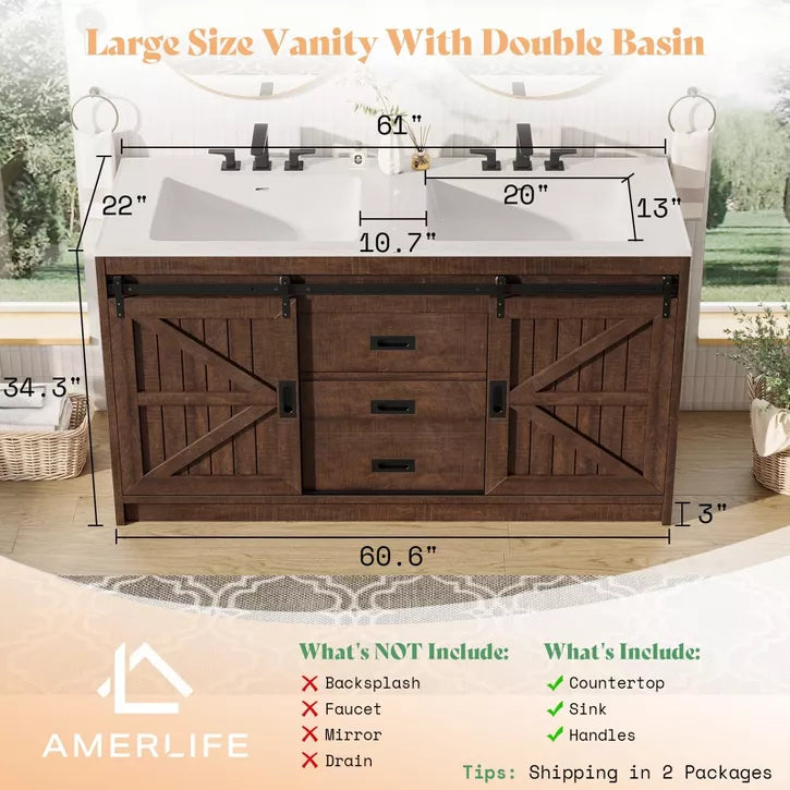 AMERLIFE Double Farmhouse Bathroom Vanity with Sink, with Sliding Doors & Drawers