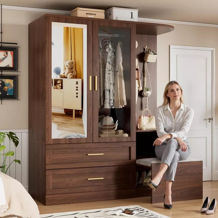 PAKASEPT 71'' Farmhouse Armoire Wardrobe Closet with Mirror, Wooden Wardrobe Storage Cabinet with 2 Door, Hanging Rod, Hidden Bench, Drawers