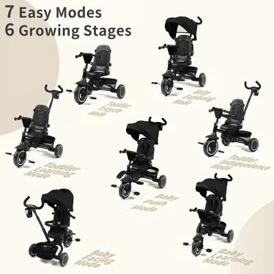 Kinder King 7-in-1 Kids Tricycle with Canopy, Adjustable Push Handle, One-Touch Brake, Lockable Front Wheel, All-Terrain Tires & Storage, Black