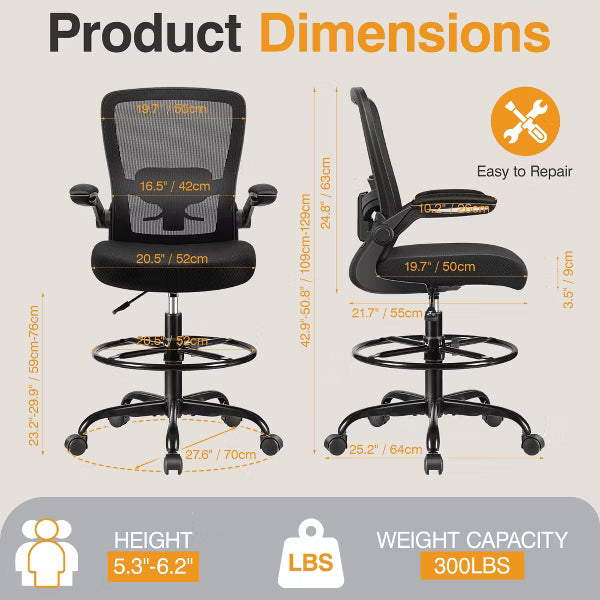 KERDOM Tall Office Chair Ergonomic Standing Desk Chair, Lumbar Support Computer Chair Swivel Task Rolling Chair, Black