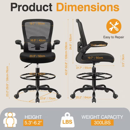 KERDOM Tall Office Chair Ergonomic Standing Desk Chair, Lumbar Support Computer Chair Swivel Task Rolling Chair, Black