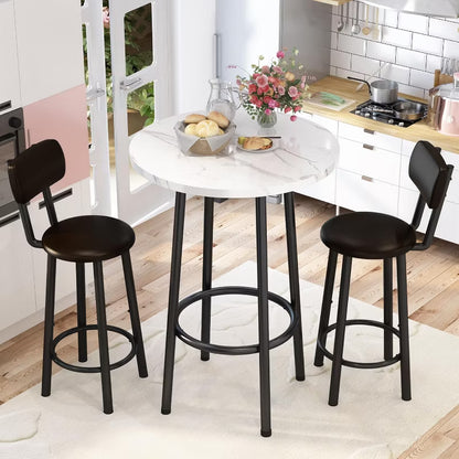 Hooseng 3 Pieces Round Dining Table, Bar Table Set with Counter Height Faux Marble Table and 2 Stools, Space Saving Bar Table and Chairs Set