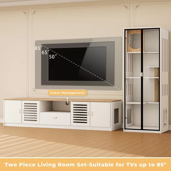 ATJafurn Entertainment Center Hidden Cat Litter Box Enclosure For 85inch Tv, Included Tv Stand And Glass Cabinet, Furniture Style Cat House