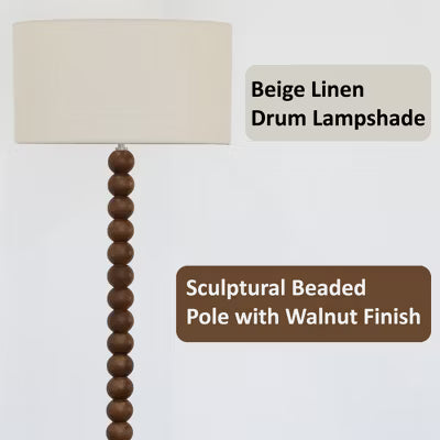 61" Walnut Wood Standing Floor Lamp with Linen Drum Shade, Modern Accent Light for Living Room, Bedroom, Hallway Study,Beige