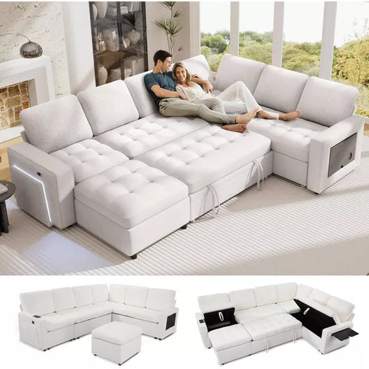 Vipbear 7-Seat Modular Sectional Sleeper Sofa with Pull-Out Bed, Reclining Backrest, USB Ports, Table, LED Lights & Storage Seats,Gray