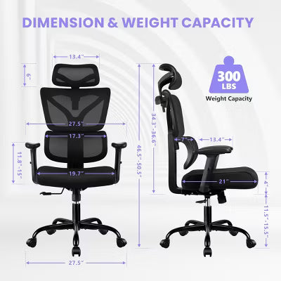 KERDOM Ergonomic High Back Mesh Office Chair, Mesh High Back Desk Chair with Adjustable Headrest, Lumbar Support, Reclining Function,Black