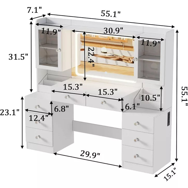 PAKASEPT 8 Drawers Vanity Desk, 55'' W Makeup Vanity with Power Outlet, Vanity Table with Mirror and Lights, 3 Lighting Modes, for Bedroom, White