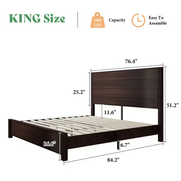 AMERLIFE Rustic Wood Bed Frame with 51.2" Spliced Headboard