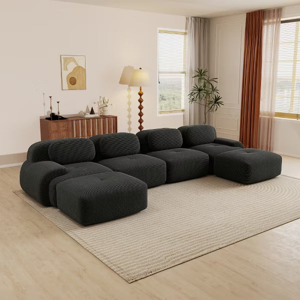 AENKYO 4 Seats with 2 Ottomans Modular Corduroy Sectional Sofa, Easy Assembly Required & Ergonomic Support Non-Slip Base Design