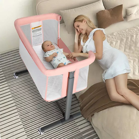 Kinder King Baby Folding Bassinet w/Wheels,Portable Newborn Bedside Sleeper All-Sided Mesh Infant Crib Removable Soft Mattress