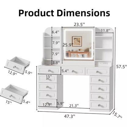 PAKASEPT 47"W Large Makeup Vanity Table with 11 Drawers, Glass Top Vanity Desk With Mirror and LED Lights, 7 Storage Shelves, Charging Station