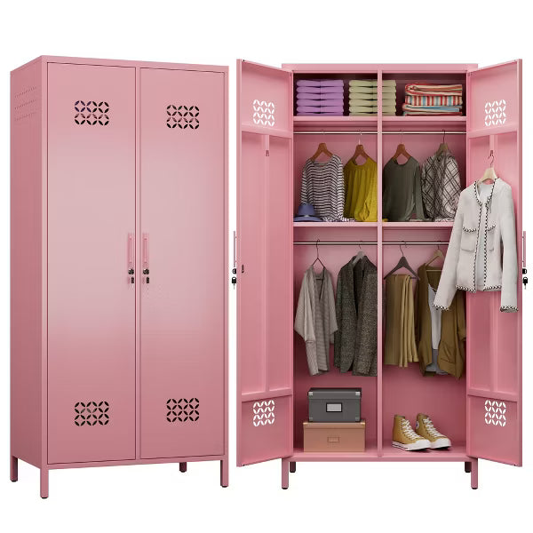 SUXXAN Metal Wardrobe Cabinets with Lock, 2 Door Closet with 4 Adjustable Shelves and Hannging Rod,Storage Locker for Home, Office