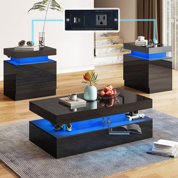 AMERLIFE 3 Pieces Modern High Gloss Living Room Table Set with LED Light and Storage, 2 End Side Tables with Charging Station for Living Room