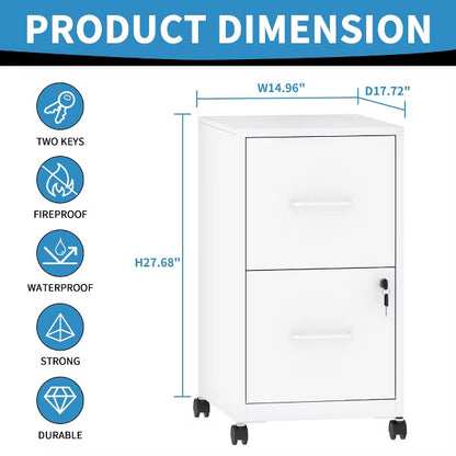 VIYET 25"H 2-Drawer Mobile Lockable File Cabinet,Metal Under-Desk Rolling Cabinet with Wheels,Fits Legal/Letter/A4 for Home Office (White)