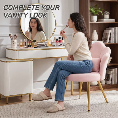 KERDOM Velvet Lounge Chair with Curved Back, Upholstered Vanity Seat with Gold Legs for Bedroom and Living Area,Pink