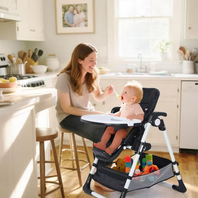 TODECARE Foldable Baby High Chair for Toddlers, Adjustable Height, Recline, Storage Basket, Double Trays, Gift for Babies