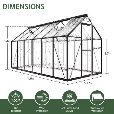 AMERLIFE Polycarbonate Greenhouse with 2 Top-Opening Windows, Swing-Open Doors, Aluminum Walk-in Heavy Duty Frame for Backyard Garden, Black