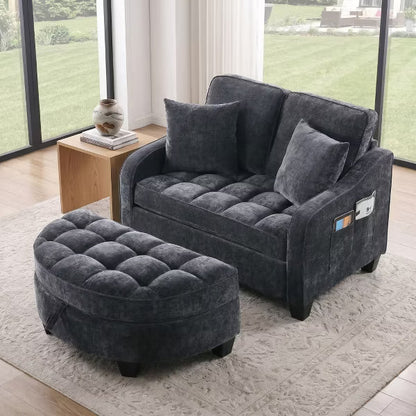 Modern Corduroy Convertible Sofa Bed with Storage Ottoman, Urban Studio Sleeper Couch - Charcoal Gray