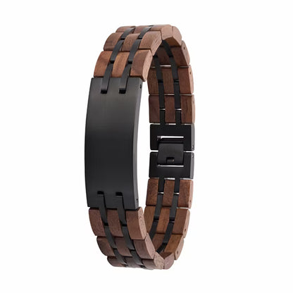 Men's Stainless Steel and Walnut Wood Link Bracelet, Wide Wristband with Secure Clasp