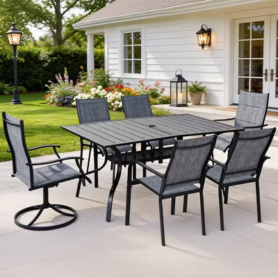 BOSMILLER 7-Piece Outdoor Dining Set with 2 Swivel & 4 Regular Textilene Chairs, Rectangular Table for Garden, Backyard, Poolside, Deck - Grey