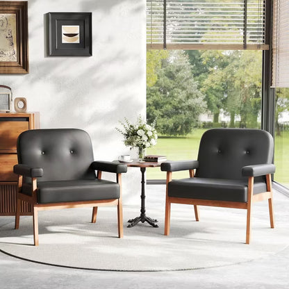 TYBOATLE Faux Leather Black Armchair Set of 2 with Wooden Frame, Upholstered Living Room Chairs Comfy Reading For Small Space